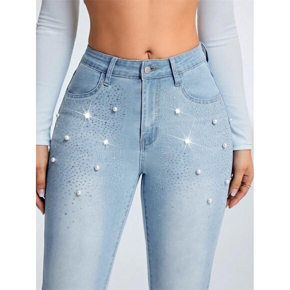 Women's Rhinestone Low Rise Skinny Jeans Stretch Denim Ankle Pants - Picture 5 of 6